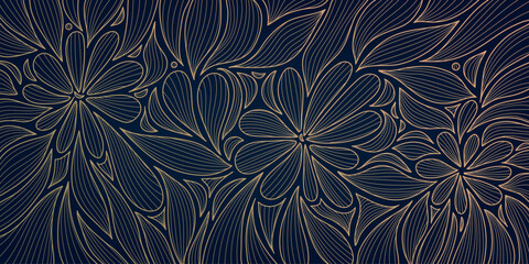Naklejka premium Vector art deco leaves and flowers pattern, gold on blue luxury background, floral plant ornament. Garden decor drawing, interior print, vintage wave outline illustration