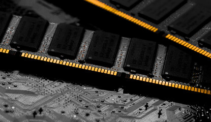 Macro Close up of computer RAM chip and motherboard