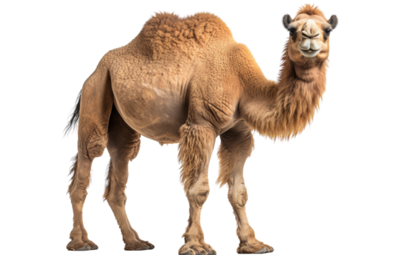 A regal camel stands proudly against a pristine white backdrop