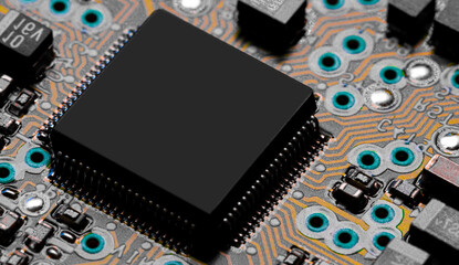 Macro Close up of printed wiring on PC circuit board.