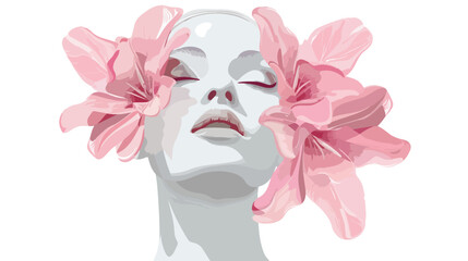 Ceramic womans head with pink flowers Flat vector 