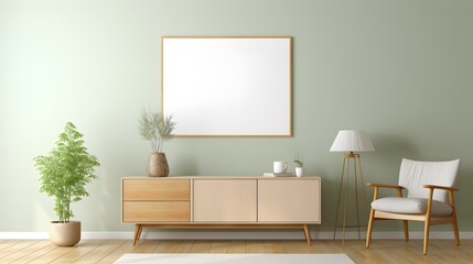 Mock up frame in home interior background, an light orange wall in a living room with wooden dresser. For Design, Background, Cover, Poster, Banner, PPT, KV design, Wallpaper