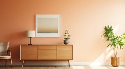 Mock up frame in home interior background, an light orange wall in a living room with wooden dresser. For Design, Background, Cover, Poster, Banner, PPT, KV design, Wallpaper