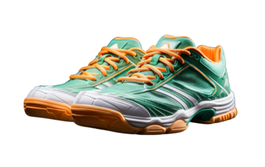 A vibrant pair of tennis shoes stand out on a clean white background