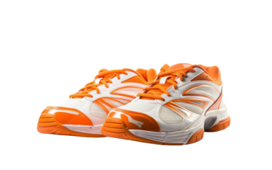 Vibrant orange and white tennis shoe on a crisp white background