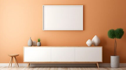 Mock up frame in home interior background, an light orange wall in a living room with wooden dresser. For Design, Background, Cover, Poster, Banner, PPT, KV design, Wallpaper