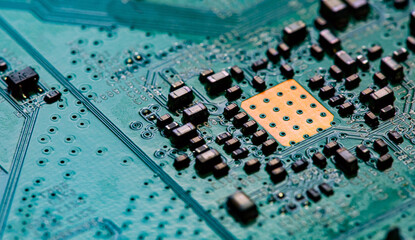 Macro Close up of printed wiring on PC circuit board.