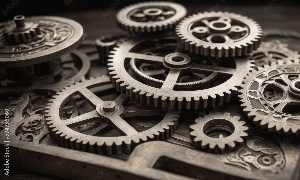 Poster an intricate display of various mechanical gears and cogs laid out, highlighting the art of machiner