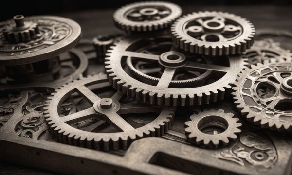 An intricate display of various mechanical gears and cogs laid out, highlighting the art of machinery and the elegance of engineering designs. AI generation