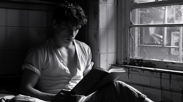 Black and white image of a contemplative young man reading a book by a window with natural light.