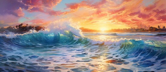 Sunset painting showcases vibrant colors reflecting over ocean waves creating a serene and peaceful...