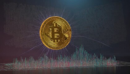 A digital illustration featuring a golden Bitcoin icon prominently displayed over a colorful abstract data graph, symbolizing the volatility and dynamics of cryptocurrency markets. AI generation