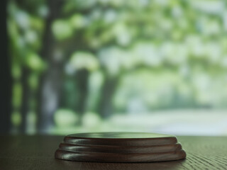 Wooden podium for product presentation on a natural background