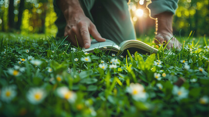 Person reading a book in a sunny meadow with flowers.
