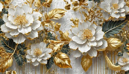 Fototapeta premium Glamorous 3D Floral Wall Art: Golden and White Flowers