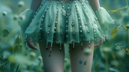 close up sexy girl body and buttock wearing a green fairy tutu dress in dreamlike atmosphere, fantasy dreamlike fairytale atmosphere, Generative Ai - obrazy, fototapety, plakaty