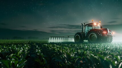 Nighttime Crop Treatment Tractor with Sprayer Arms Extended in Starry Moonlit Farmland generative ai