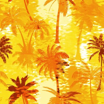 Abstract Digital Paint Watercolor Tropical Palm Trees Seamless Textile Pattern with Brush Strokes Tie Dye Background