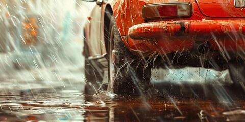motion car rain big dirty puddle of water spray from the wheels