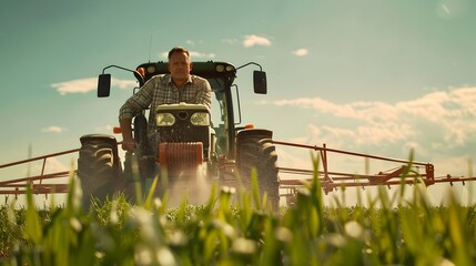 Farmer Driving Tractor Applying Treatment to Crops on Vast Green Farmland generative ai - obrazy, fototapety, plakaty