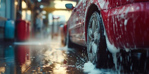 Automobile in foam, car wash service concept - obrazy, fototapety, plakaty