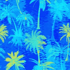 Fototapeta na wymiar Abstract Digital Paint Watercolor Tropical Palm Trees Seamless Textile Pattern with Brush Strokes Tie Dye Background