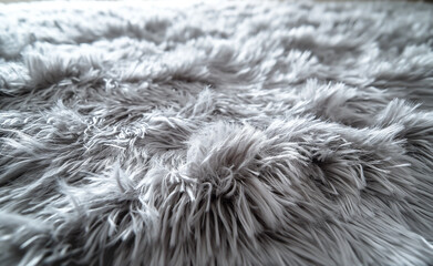 Close-up view of a shaggy gray rug