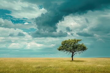 Beautiful landscape with lonely tree on the meadow under cloudy sky - obrazy, fototapety, plakaty