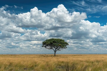 Beautiful landscape with lonely tree on the meadow under cloudy sky