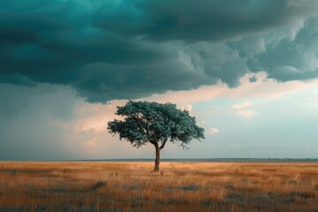 Beautiful landscape with lonely tree on the meadow under cloudy sky
