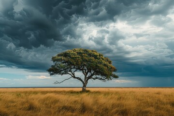 Naklejka premium Beautiful landscape with lonely tree on the meadow under cloudy sky