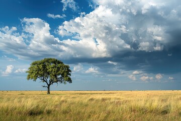 Fototapeta na wymiar Beautiful landscape with lonely tree on the meadow under cloudy sky