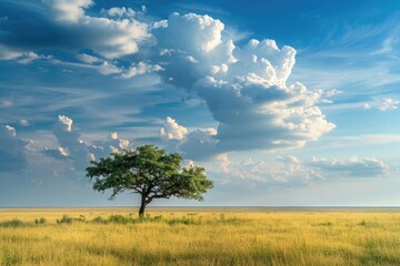 Beautiful landscape with lonely tree on the meadow under cloudy sky