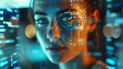 Attractive Woman Programming Futuristic Software Digital Interface Projected on Her Face Signifying Technological Advancement and Cyber Protection generetive ai - obrazy, fototapety, plakaty