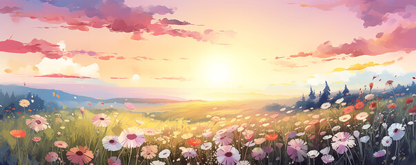 Wild flower field in summer on beautiful sunset landscape, panoramic view, watercolor illustration generative ai
