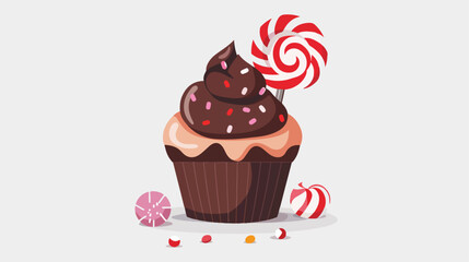 Cute Cupcake With Candy Flat vector isolated on white