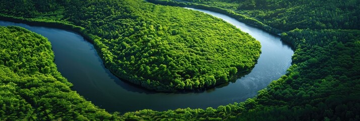 Obraz premium Aerial view of the river flowing through the forest. Beautiful nature landscape