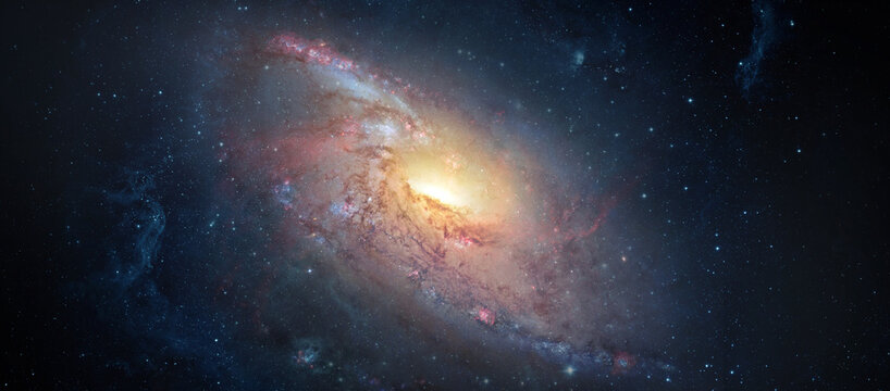 Spiral galaxy against the background of the starry sky. View from space. Collage on space, science and education items. Elements of this image furnished by NASA.