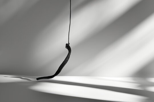 Coiled whip suspended in mid-air, casting shadows that form intriguing patterns on a minimalist background. The image creates a sense of anticipation and tension, depression.