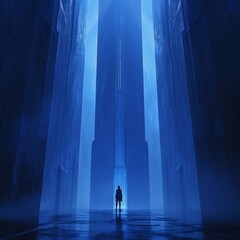 Lone figure silhouette standing at the base of a towering arcology, their silhouette framed by the cool, blue hues of artificial light. The image conveys a sense of isolation and introspection. - obrazy, fototapety, plakaty