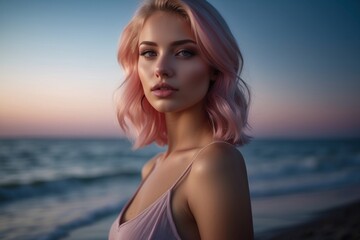 Naklejka premium A woman with pink hair stands on a beach, looking out at the ocean