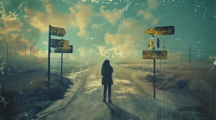 Person standing at a crossroads with multiple directional signs, each pointing towards a different destination or life path. The image symbolizes decision-making and the complexity of choices. - obrazy, fototapety, plakaty
