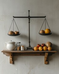Vintage scale with various objects on one side, symbolizing the balance and weight of choices in decision-making. The image plays with light and shadow to accentuate the contrasts.