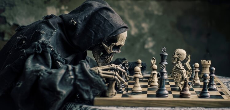 Grim Reaper Sitting and playing chess. Concept of death, memento mori.