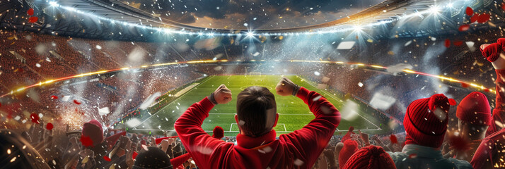 Happy Sport Football Fans on big stadium tribune, Victory, Stadium Arena lights with big tribuns, Sport Fans.