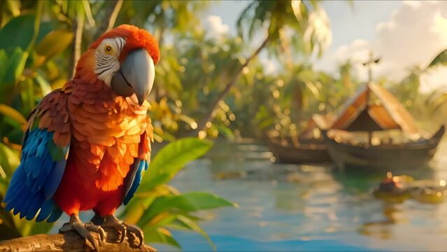 Animated pirate parrot and monkey exploring treasure on a tropical island, fun and lively atmosphere