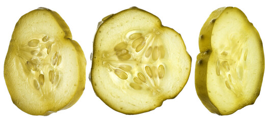Slices of pickled cucumbers  isolated on white background. With clipping path.