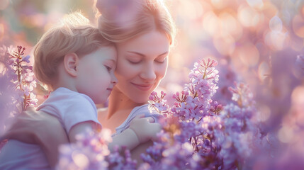 Fototapeta premium Mother and Son Sharing Joyful Moments in the Park Surrounded by Lilac Flowers. Woman Holding Little Boy - Background with Copy Space.