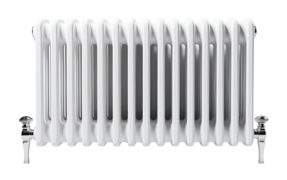 A sleek white radiator emits a soft, frosty aura against a pristine white backdrop