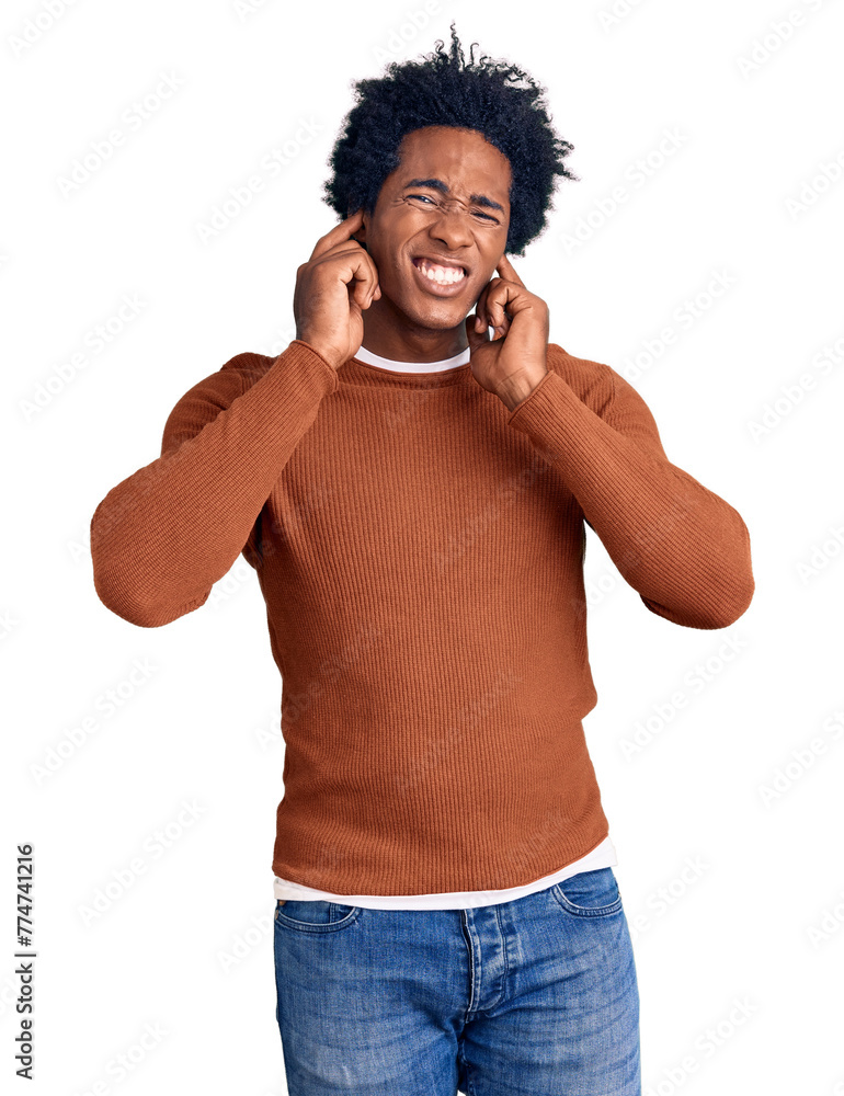 Poster handsome african american man with afro hair wearing casual clothes covering ears with fingers with 